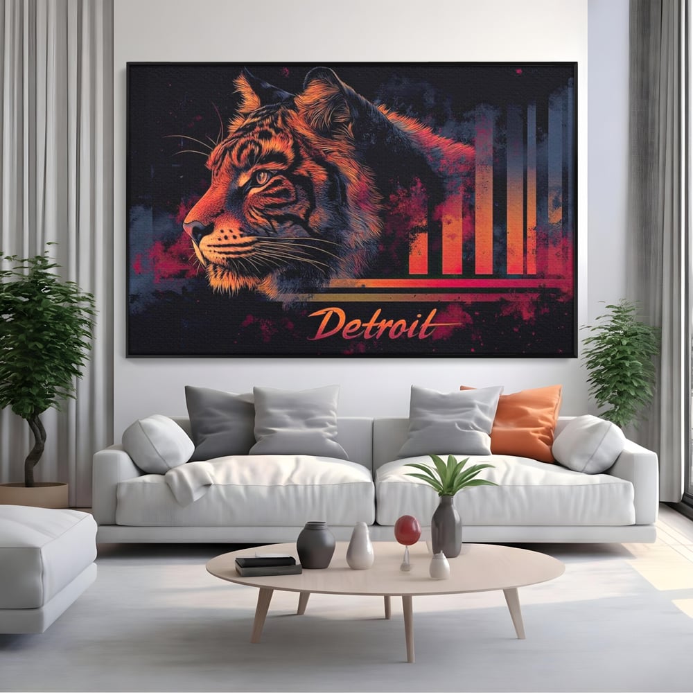 Tablou canvas cu tablou canvas cu profil de tigru neon, in rama de aluminiu negru, pe perete intr-un living